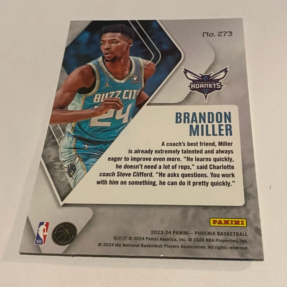 Brandon Miller RC Rookie 2023-24 Phoenix Panini Basketball Card # 273 Hornets
